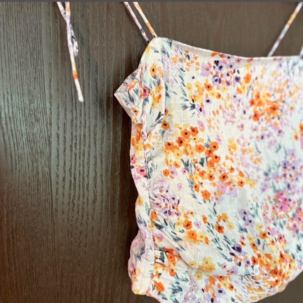 H&M 100% Linen Fitted Tie Shoulder Top Feminine Coquette Dainty Floral Boho - Picture 7 of 7